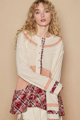 POL Round Neck Half Button Color Block Top with Merrow Edge Detail OutfitFlow